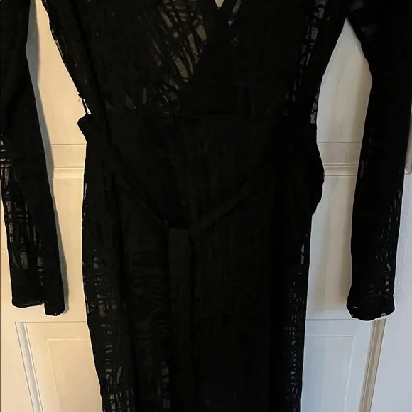 Chic Black Mesh Transparent Midi Dress with attached bottoms and belt - Picture 6 of 7